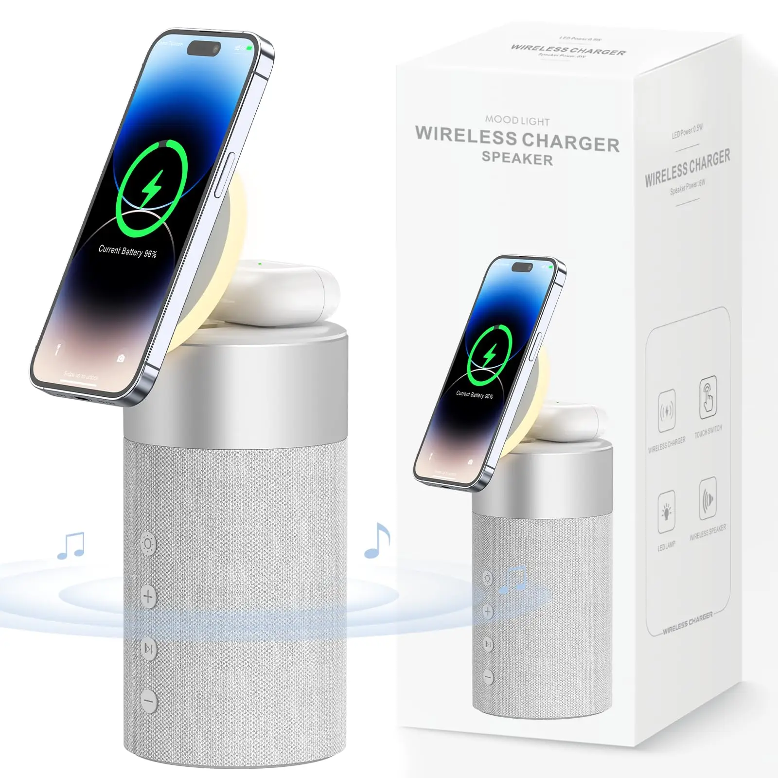 Coluna Bluetooth COLSUR S02, Som estéreo com carregador sem fio magnético rápido para iPhone 15, 14, 13, 12 Series, AirPods Pro, 3, 2