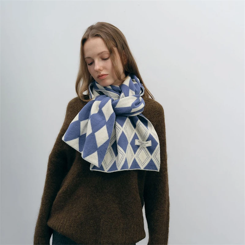 Fashion Women Warm Winter Knitted Diamond Plaid Scarf Korean Style Soft Thick Elastic Woolen Yarn Bufanda Neckerchief Echarpe