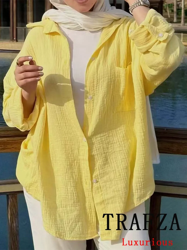 

TRAFZA Casual Chic Women Yellow Blouse Solid Single Breasted Long Sleeve Loose Shirt New Fashion 2025 Summer Home Holiday Blouse