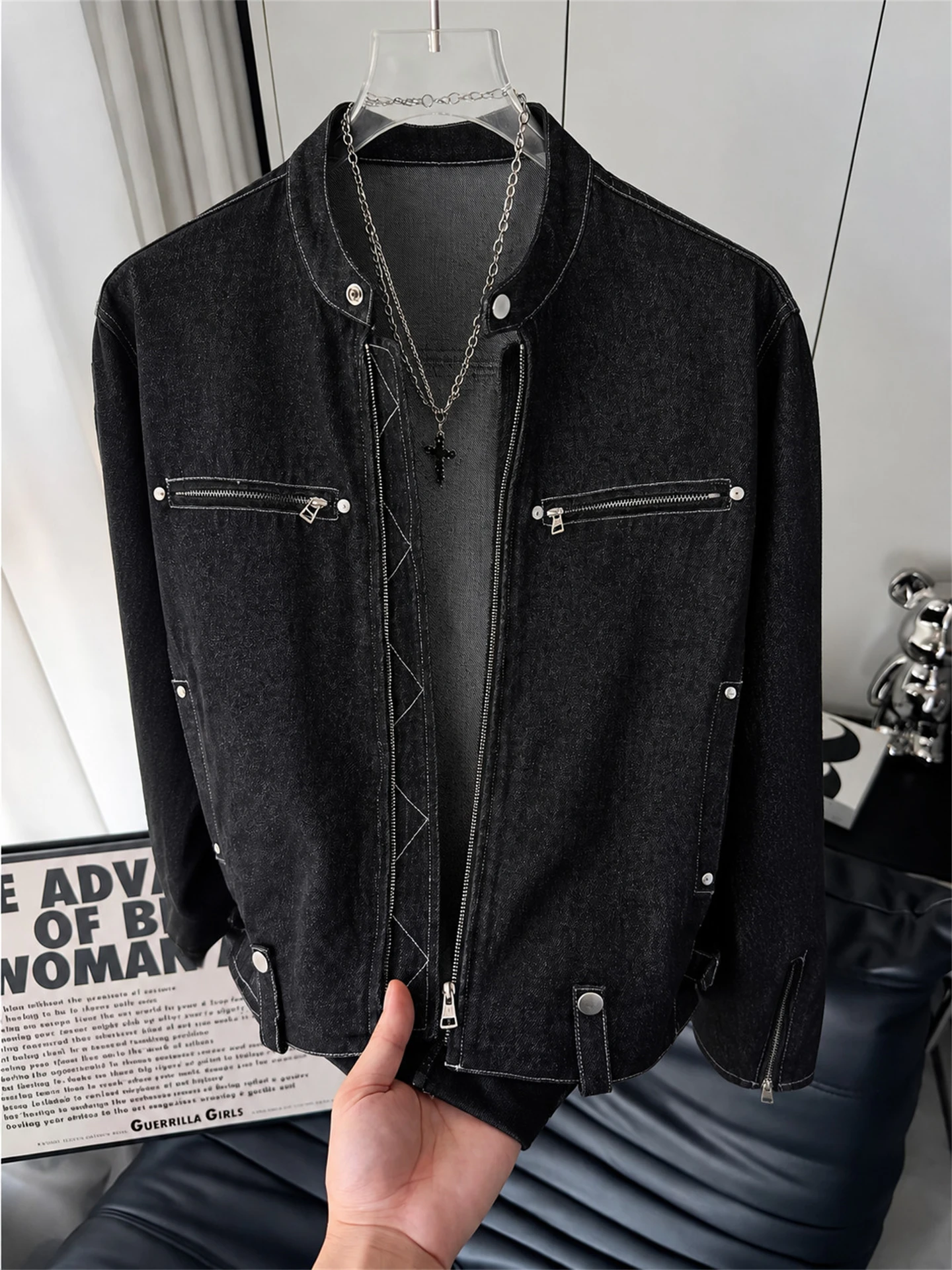 Black Rivet Stand Collar Jeans Jacket Men's Loose Commuter Jacket Spring Autumn American Deconstruction Retro Design Sense