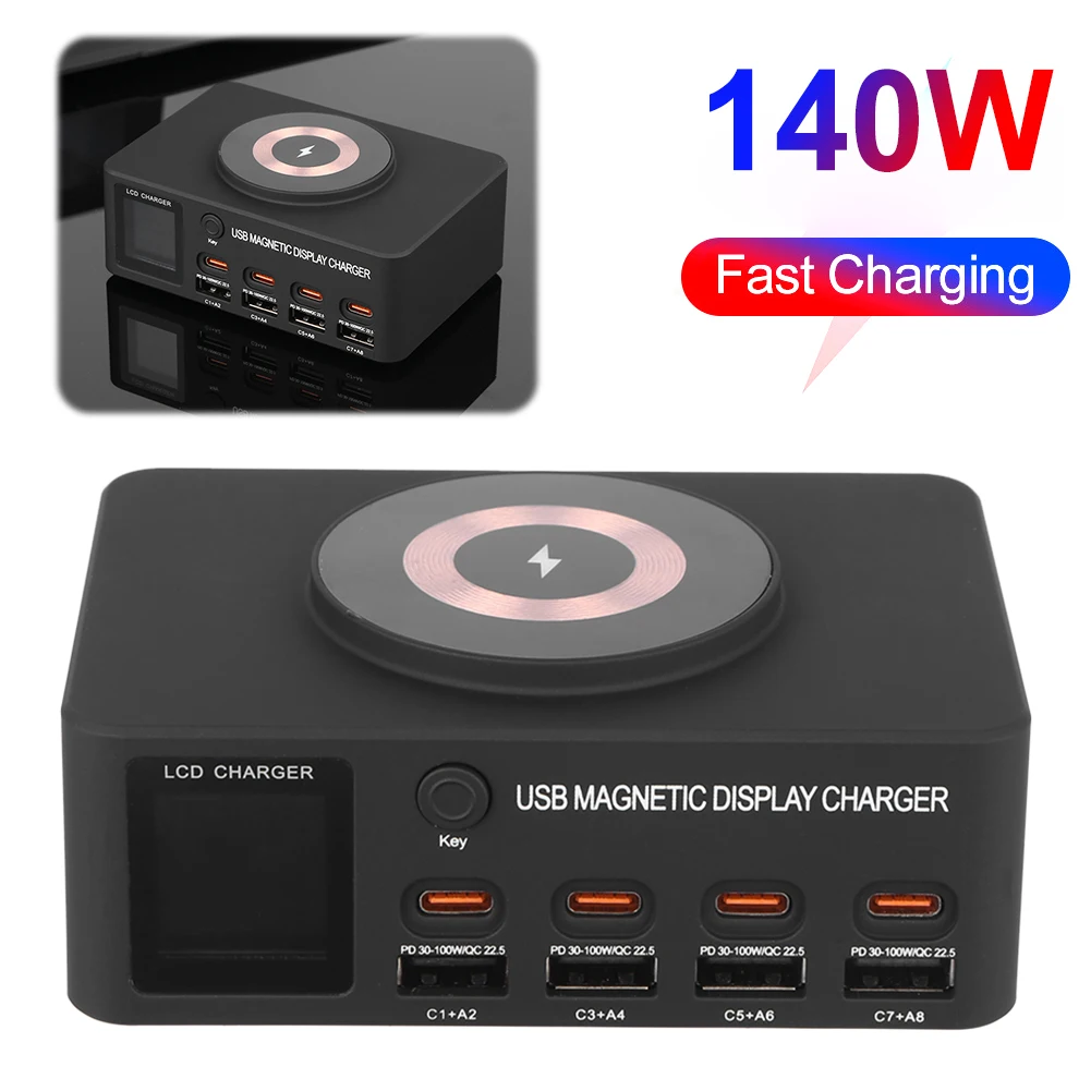 

140W 8 Ports Multi USB Charger PD & QC 3.0 USB C Charger Station Magnetic Wireless Charging for iPhone Xiaomi Samsung