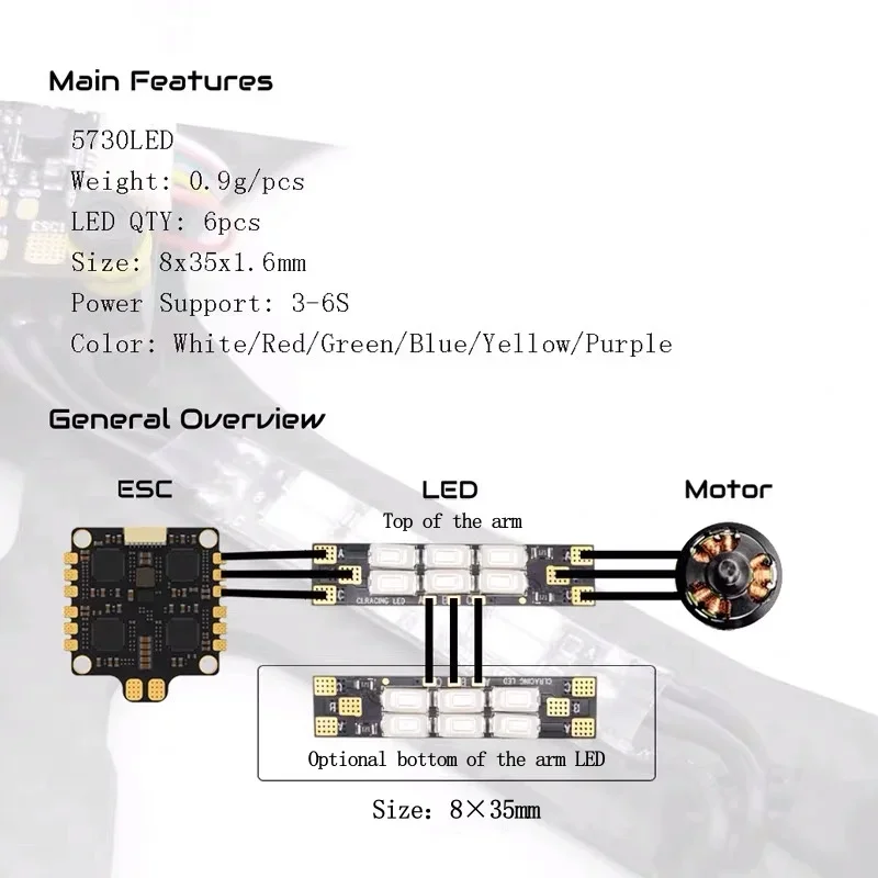 Lumière de course de nuit pour importateur de course RC, 4 pièces, bras de cadre, carte LED 25mm/35mm 6 Bits, pour avion multicopter