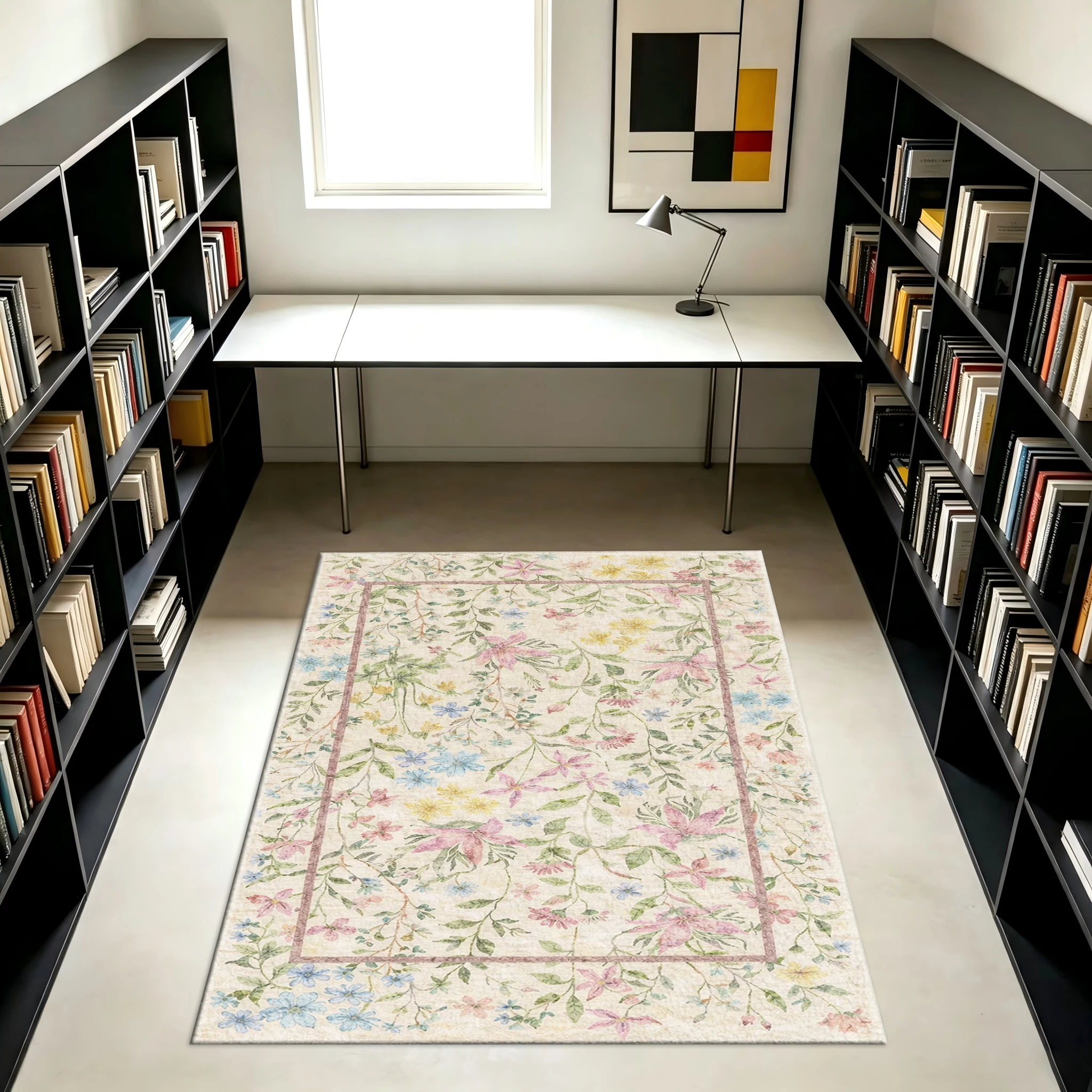 Watercolor Wildflower Carpet Flooring, Soft Multi Color Floral Vine Pattern Decor Rug for Living Area