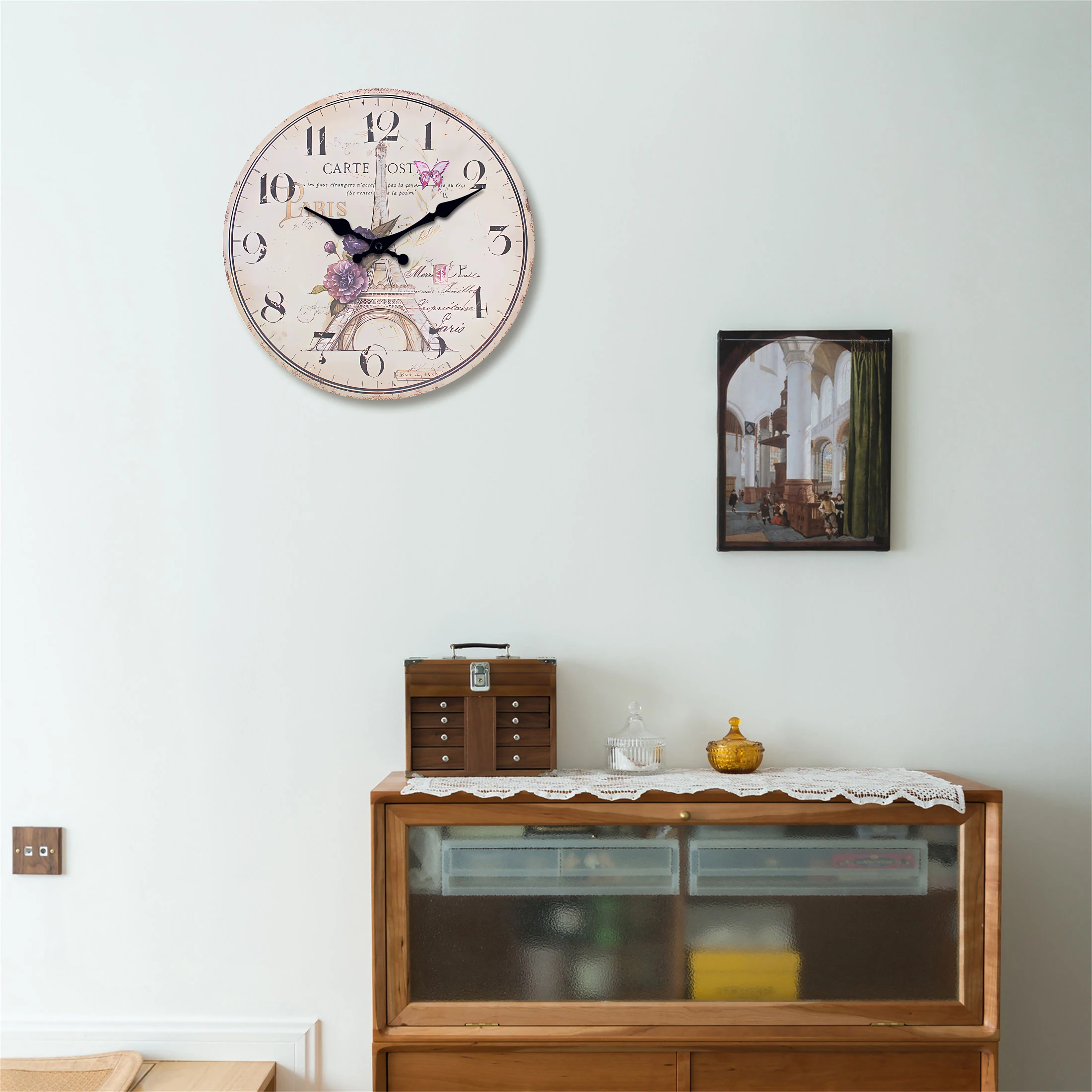 French-Style Paris Eiffel Tower Pattern Wooden Wall Clock for Living Room, Bedroom, Kitchen, Home Decoration, Silent Quartz Clock, Holiday Gift, 10 Inches, 12 Inches, 14inch, 16inch (Battery Not Included)