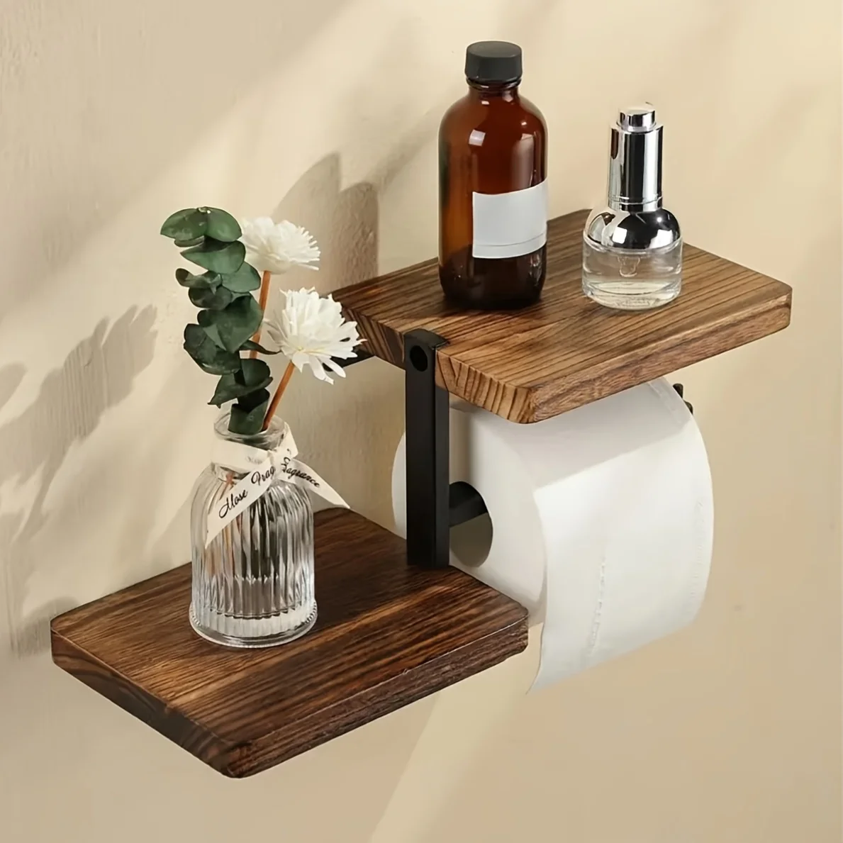 

1pc Wooden Wall Mounted Bathroom Wallpaper Rack Toilet Paper Roll Holder Black Hanging Tissue Roll Dispenser Kitchen Accessories