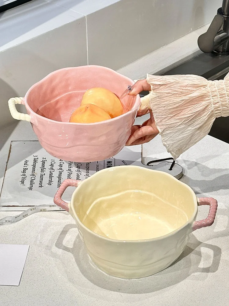 Cute Double-Eared Cerc Soup Bowl for Home Use Instant Noodles Bowl Spiral Rice Noodles Bowl Fruit Bowl Spicy Hot Yogurt Bo...
