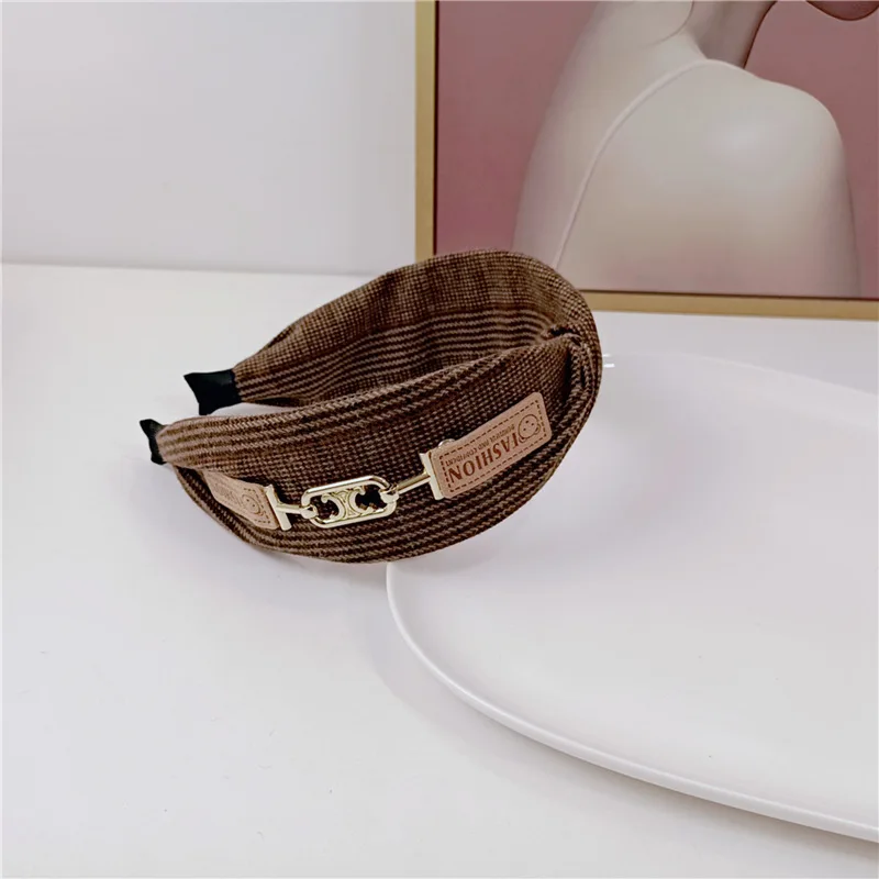 British Bear Plaid Crossed Hair Accessories Headbands For Women High Quality Retro Coffee Brown English Plaid Hair Band Scrunchy