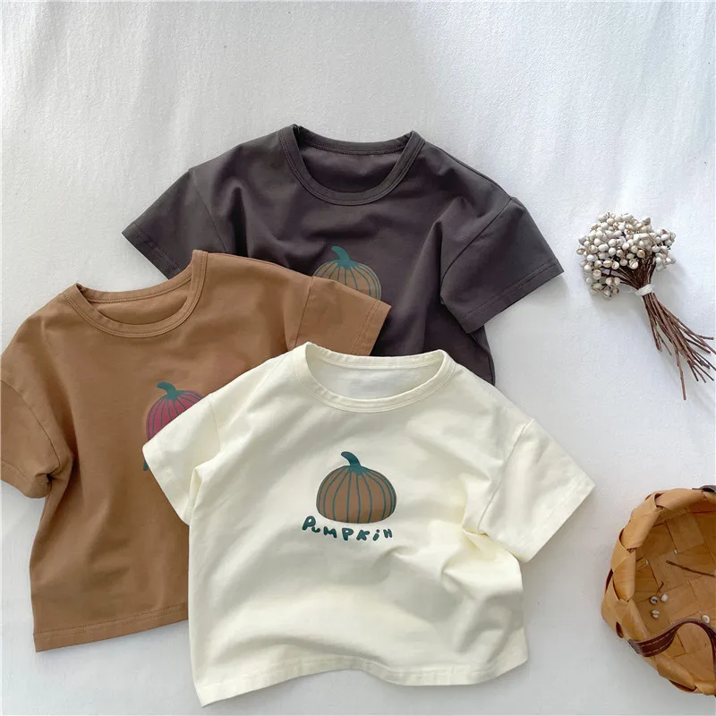 Summer Children Short Sleeved T-shirt Boy Cartoon Pumpkin Versatile Top 3-8 Years Old Boys Cotton Top
