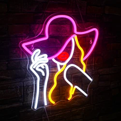 Cowgirl Hat Neon Sign Dimmable LED Light Western Cowboy Hat Girl Neon Light Wall Decor for Bedroom Store Bistro Party Neon