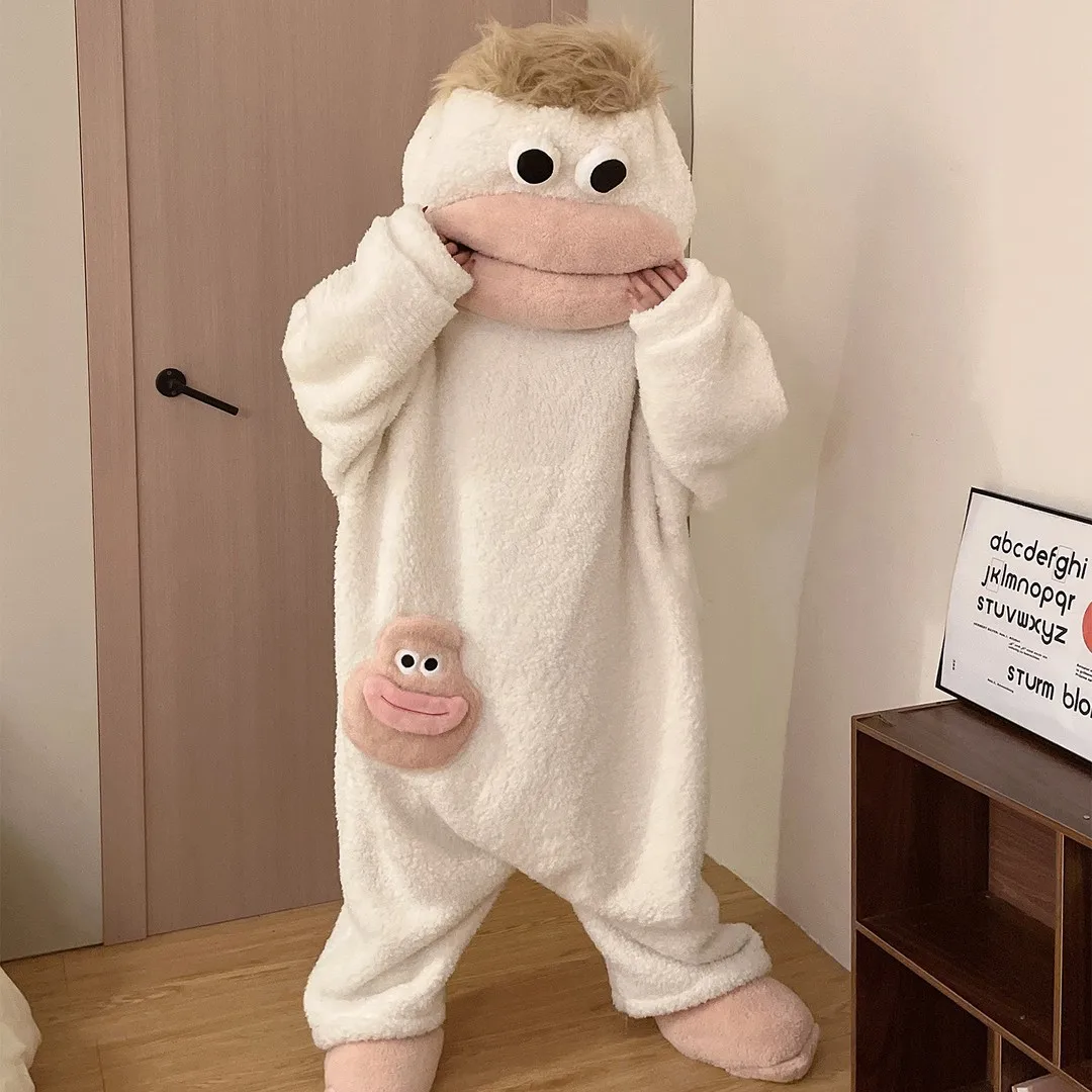 Oversized Cartoon Monster Thicken Jumpsuit Women Cute Pocket Design Thick Warm Fluffy Winter Indoor Outdoor Casual Loungewear