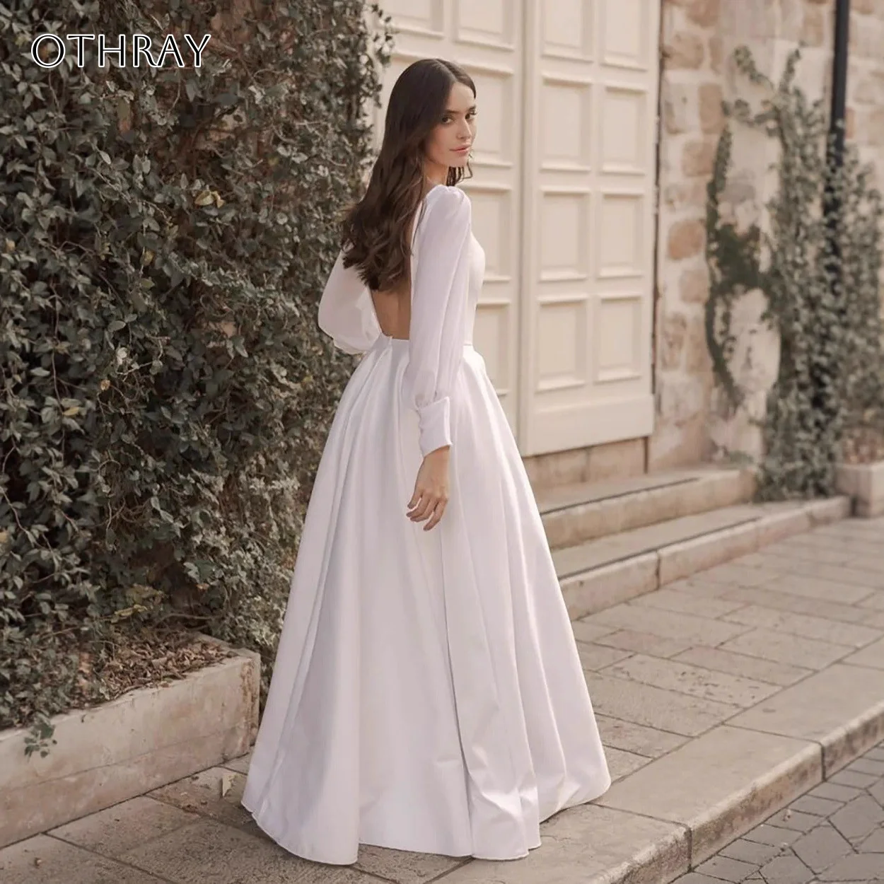 Chiffon Square Long Sleeves A-line Bridal Wedding Gown Satin Floor Length Backless Customized свадебное платье