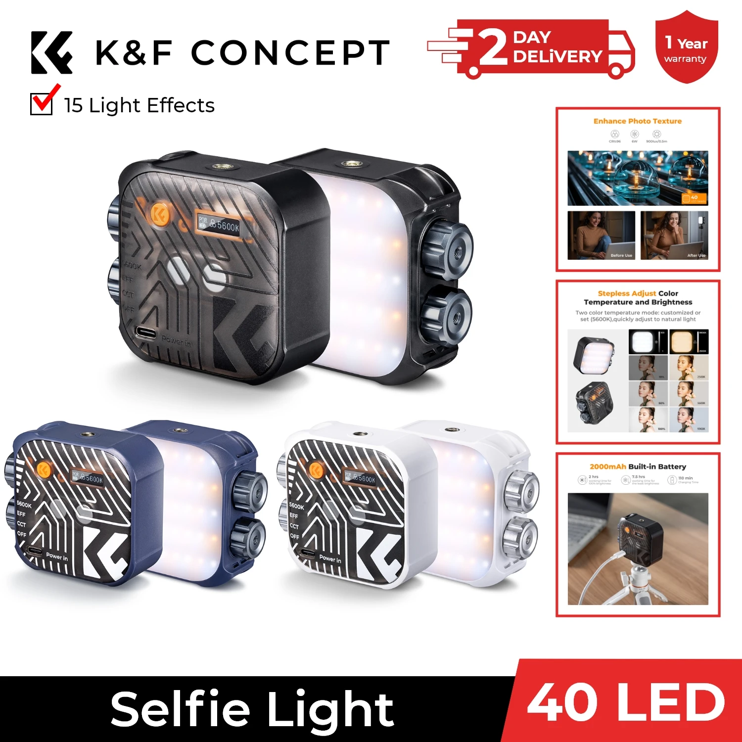 K&F CONCEPT CRI 96+ 2500K-9900K Bi-Color LED Video Light 2000mAh Rechargeable Camera Lighting For Photography Vlog Selfie Flash