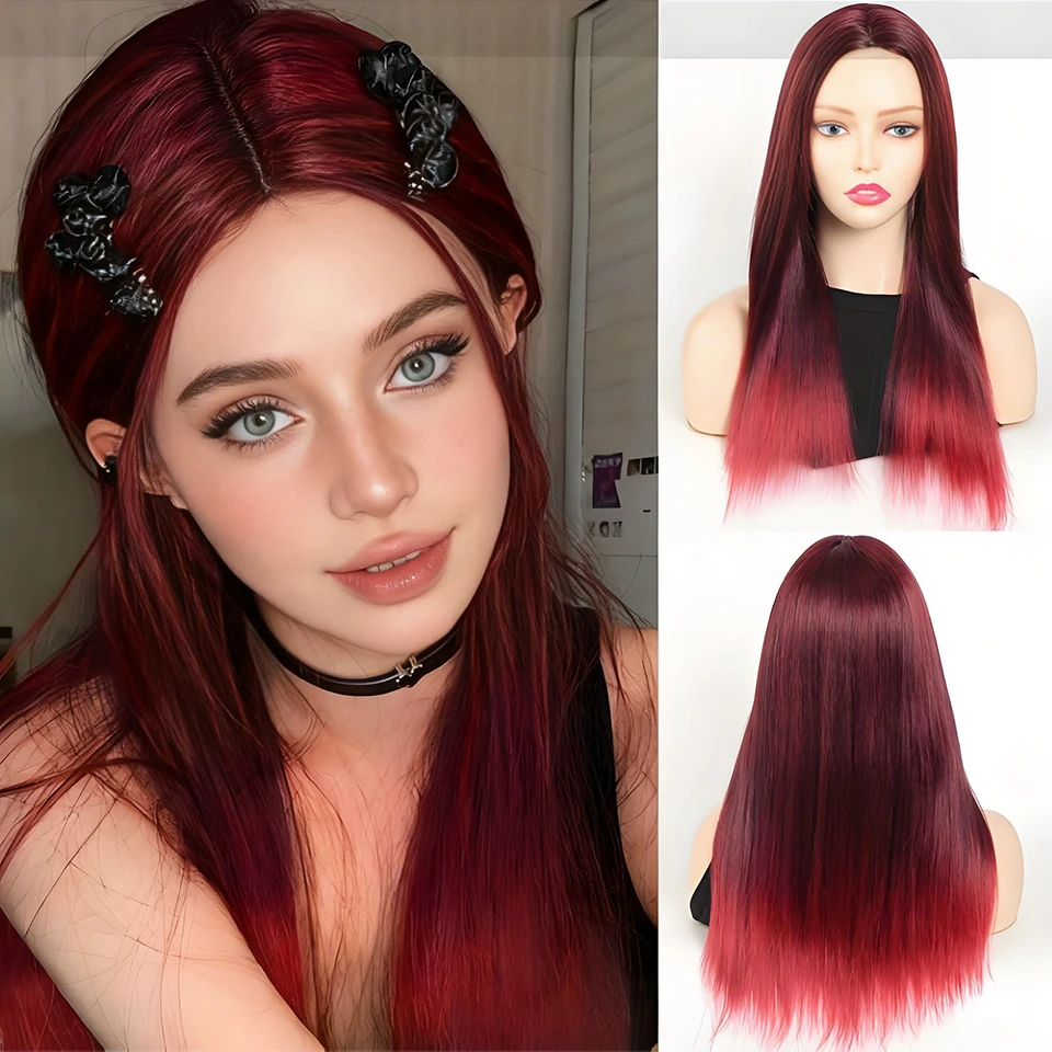 

Длинные прямые черные и красные парики для косплея с эффектом омбре, термостойкие синтетические парики для женщин, Рождество, Новый год, карнавальная музыка