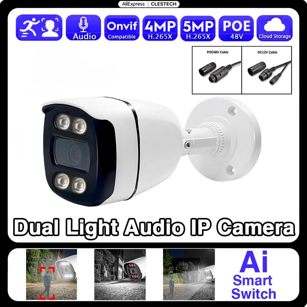 AI-aangedreven waterdichte IP-camera voor buiten POE 5MP 4MP Full Color Infrarood Dual Light Audio Mic RTSP Xmeye Ultieme bewaking