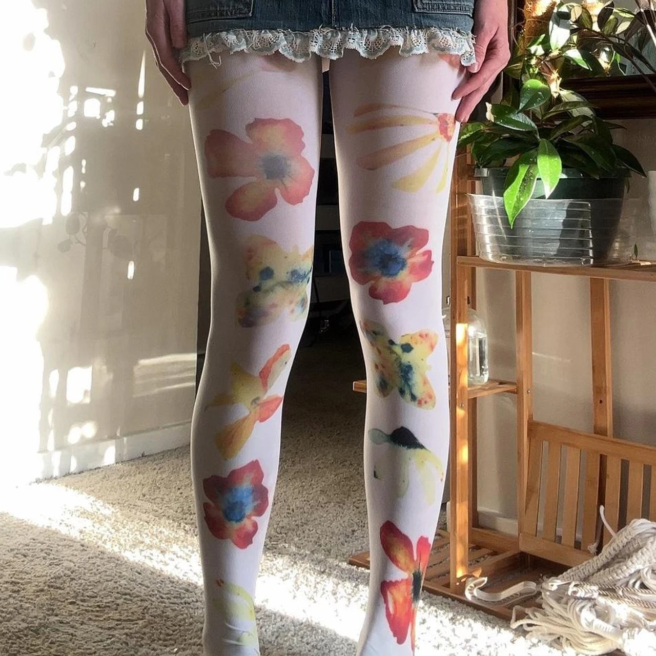 Kawaii Cute Retro 2000s Dopamine Colored Flower Printed Women's jumpsuit Sweet Kawaii Slimming Lolita White thigh high socks