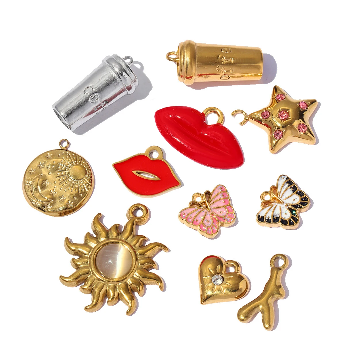 3pcs/Lot Stainless Steel Enamel Red Lip Butterfly DIY Charms Sun Moon Coffe Cup Pendants Woman Necklace Bracelet Making Jewelry