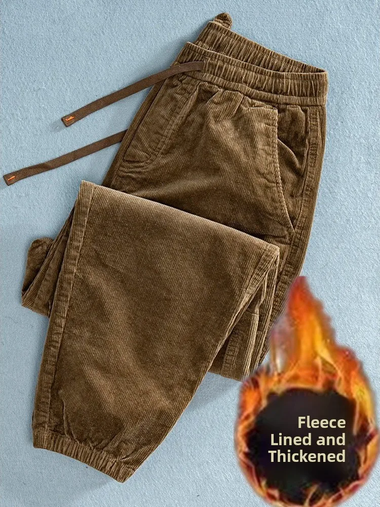 

Американские повседневные рабочие брюки, мужские теплые вельветовые брюки с манжетами, свободные зимние брюки в стиле ретро из полиэфирного волокна