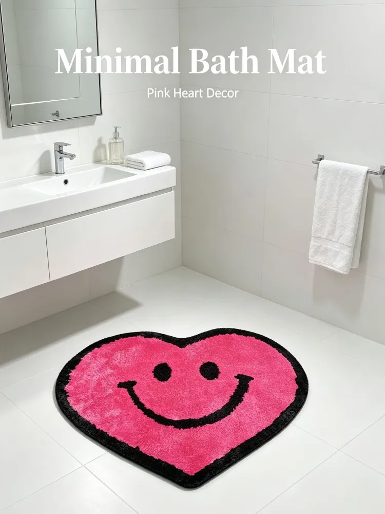 Heart‑Shaped Smile Face Bathroom Mat Soft Flocking Absorbent Bath Rug Hot Pink Non‑Slip Cute Floor Carpet For Shower Room Home D