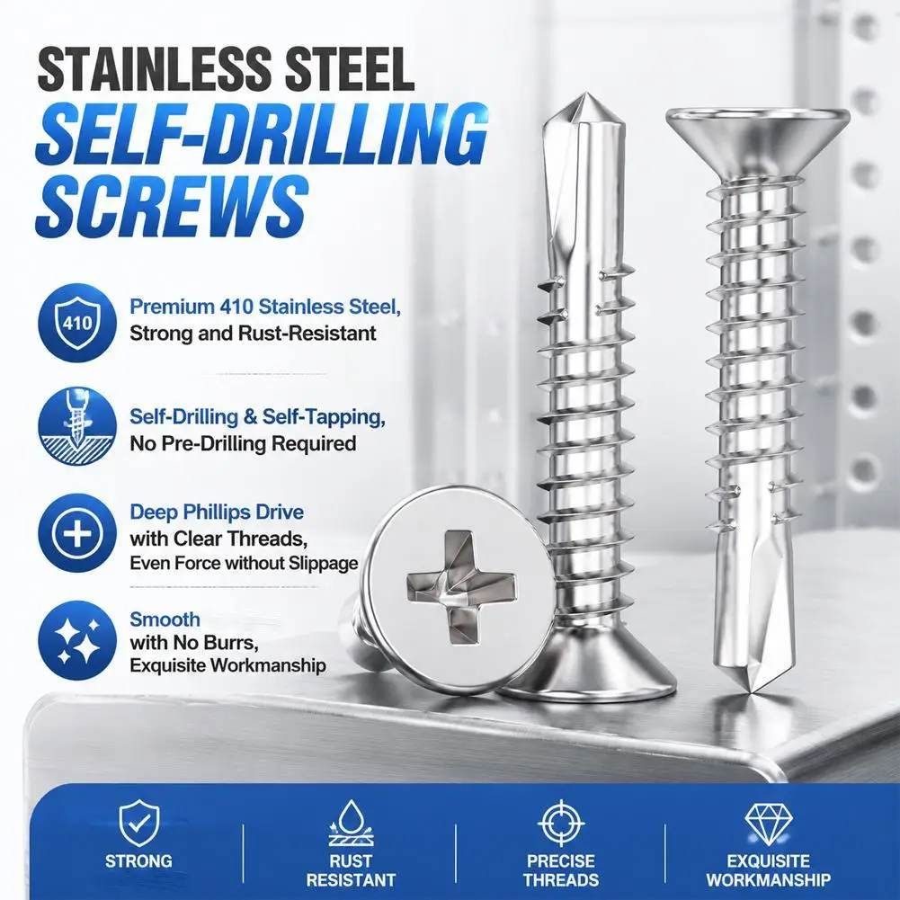50x M4.2 Stainless Steel Self-tapping Screw Large Round Flat Head Self Drilling Screw Fastener for Wood Sheet Metal Repair