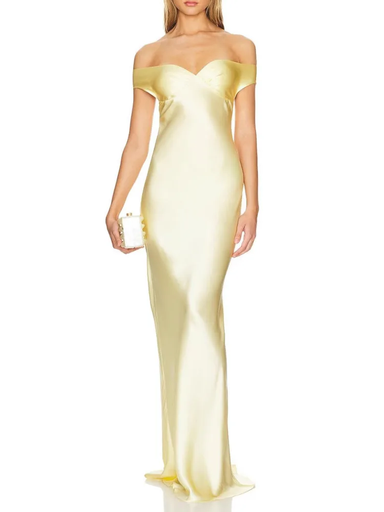 Arctic Cat Sexy Satijn Off-Shoulder Bodycon Party Club Avondjurk Vrouwen Elegante Backless Slanke Effen Kleur Formele Jurk vestidos