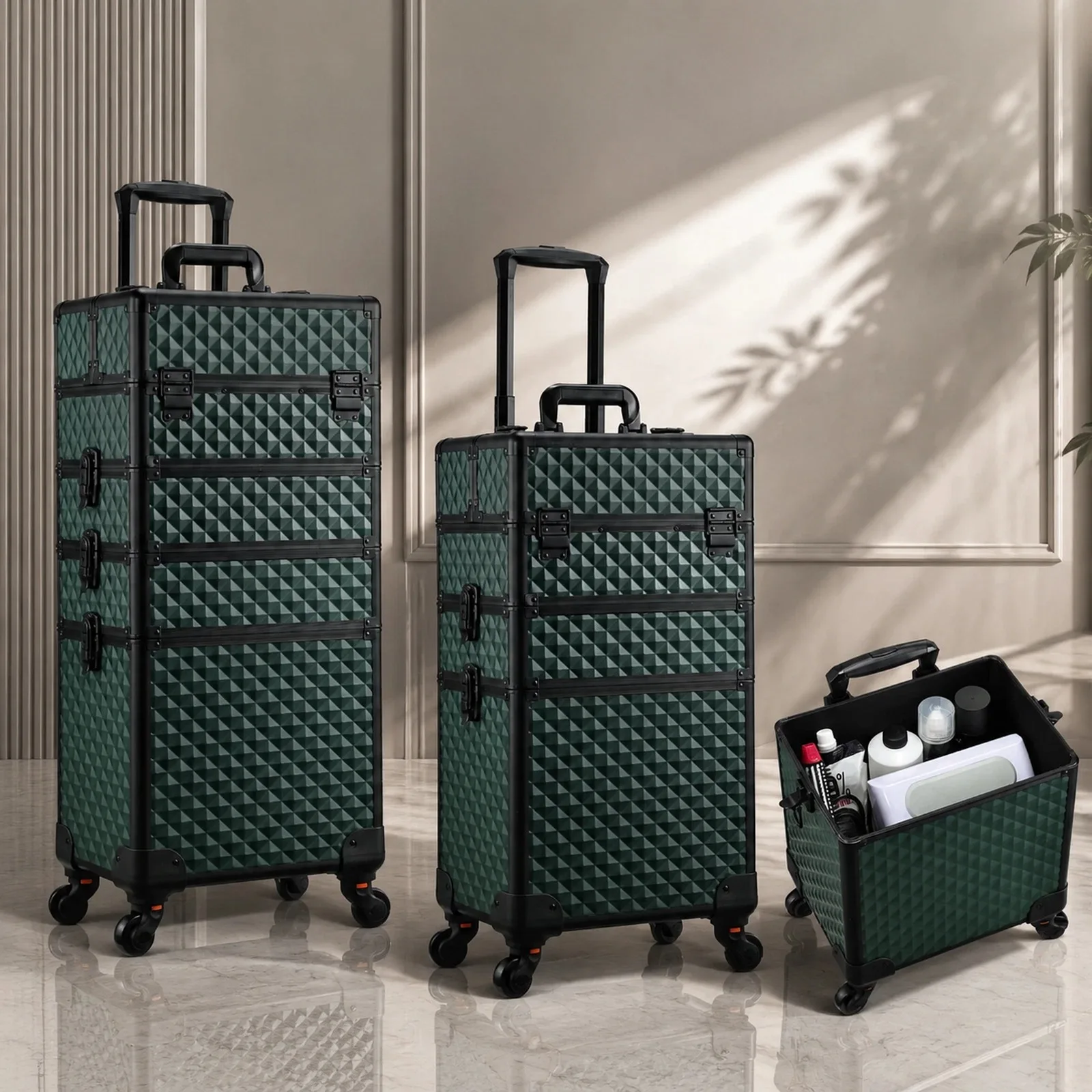 Valise de Cosmétologie Rigide 4-en-1 à Roulettes en Aluminium, Trolley de Maquillage sur Roues, Boîte à Cosmétiques Amovible avec Rangement pour Clés, Chariot de Voyage, Chariot à Maquillage à Roulettes, Coffre de Rangement Extra Large pour Maquillage, Ongles et Coiffure, Valise Rigide pour Maquillage