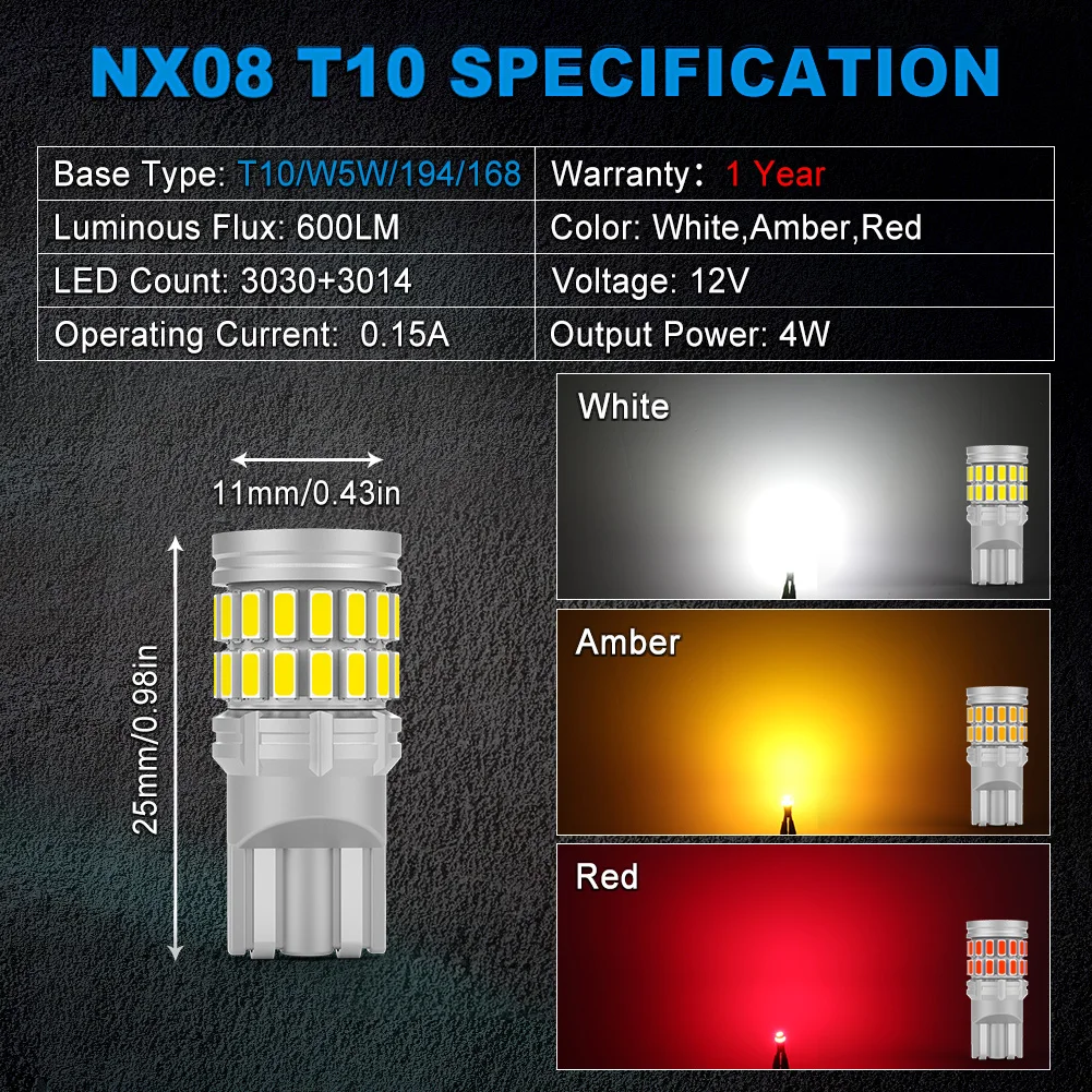 NAO 2x W5W T10 LED Lamp for Vehicle Super Bright Car License Plate Indoor Light 12V 194 168 White Amber Red Automotive Map Bulb