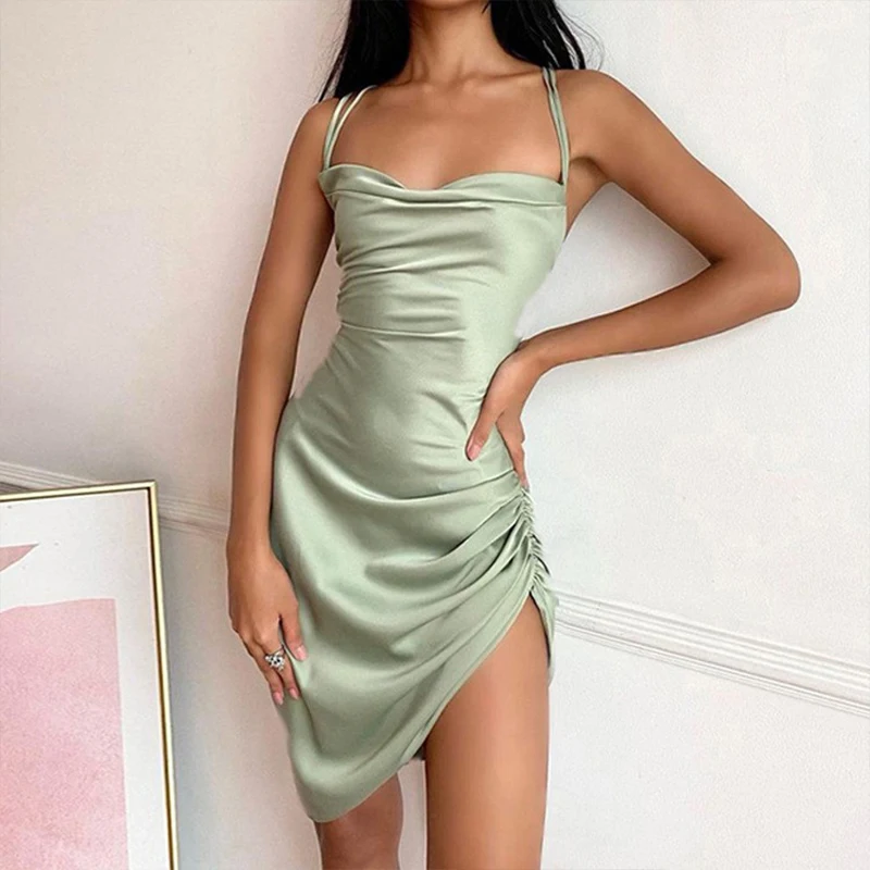 OMSJ 2025 Cross Straps Mini Gowns Sleeveless Ruched Folds High Waist Open Back Women Sexy Solid Color Irregular Chic Party Dress