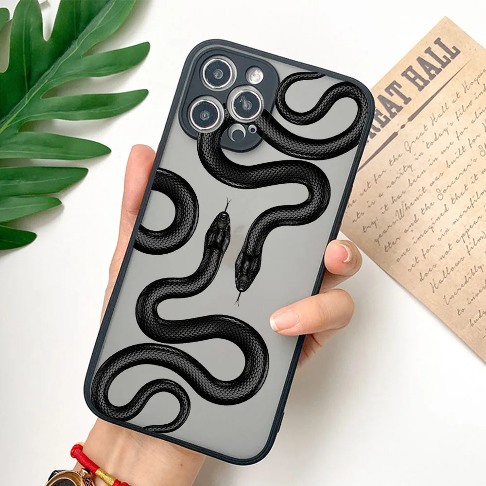 For iphone 16ProMax 15 Pro 14 13 12 Mini 11 7 8 16 Plus XS Max XR Snake Cobra Python Frosted Translucent Cover Black Phone Cases