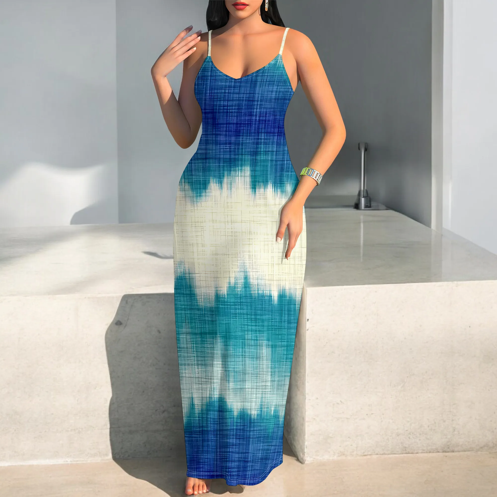

EQQZD Elegant Tie-Dye Print Halter Dress, Sexy V-neck Sleeveless Maxi Dress, Women's Stylish & Casual Dress