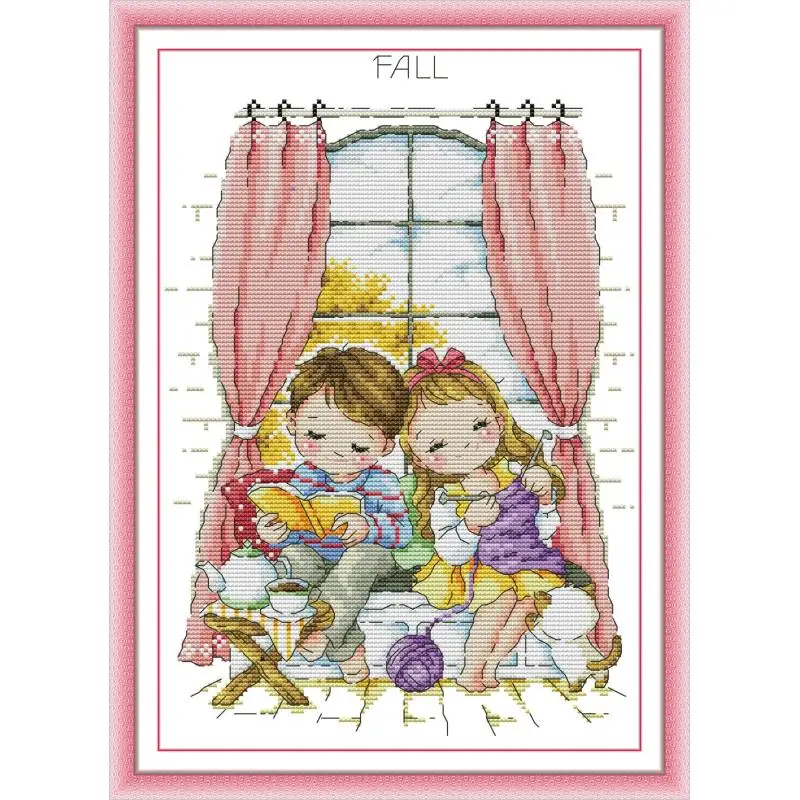 

Maydear Full Cross Stitch Kit, 11CT/14CT/16CT/9CT Aida Fabric Set-Four Seasons Window-Autumn
