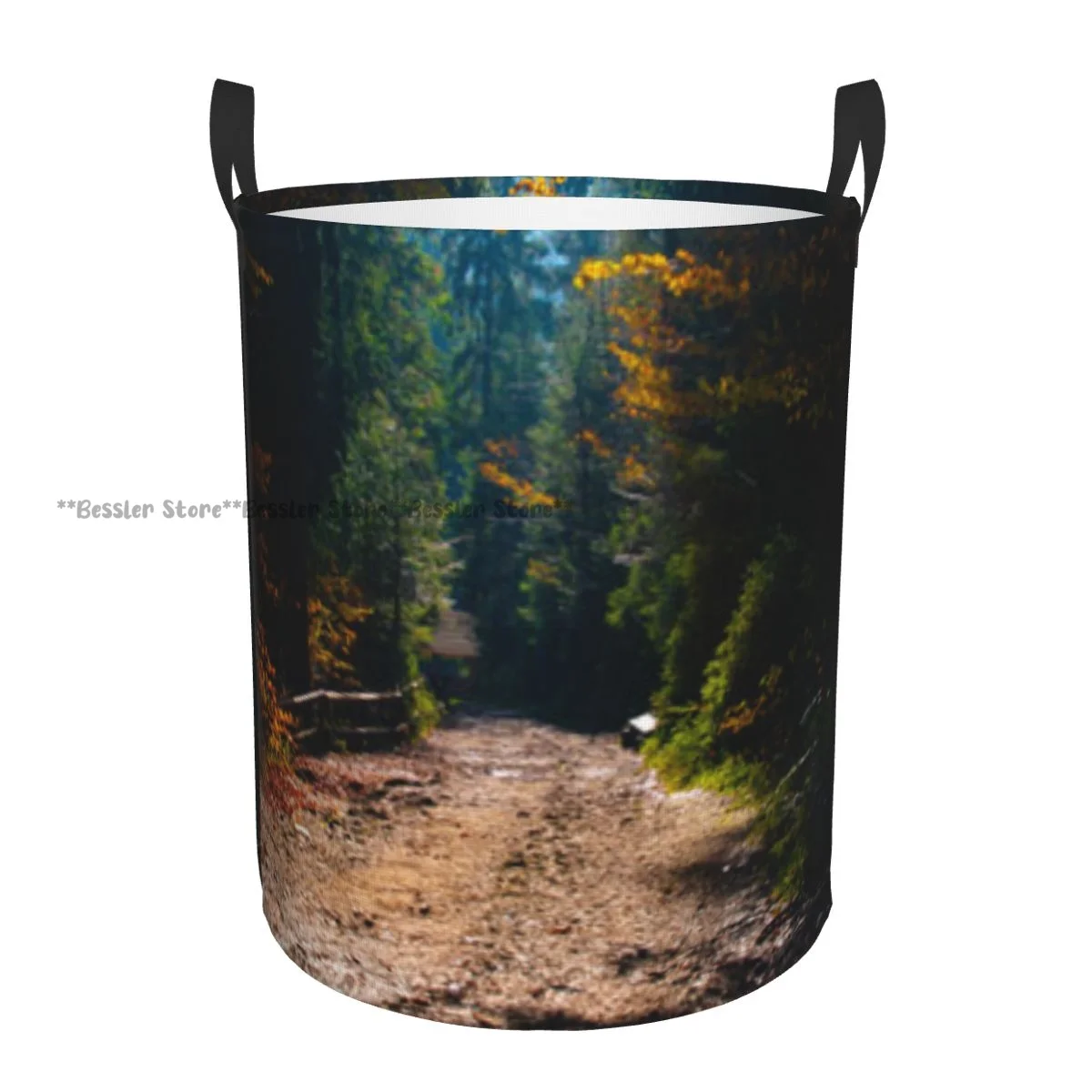 

Laundry Basket Autumnal Trail In The Forest Colorful Trees Round Storage Bin Collapsible Hamper Clothes Bucket Organizer