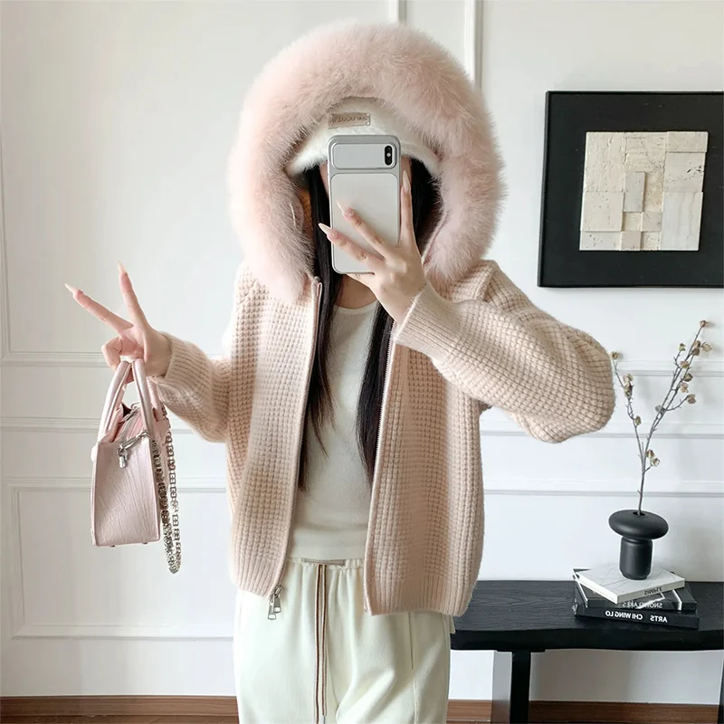 2026 Spring Autumn Women Natural Real Fox Fur Collar Cardigan Hooded Jacket Fur Decoration Lady's Sweater Coat - view 5