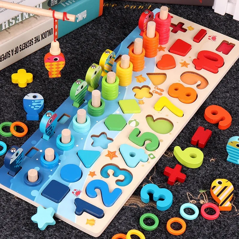 Kids Montessori Math Toys For Toddlers Educational Wooden Puzzle Fishing Toys Count Number Shape Matching Sorter Games Board Toy