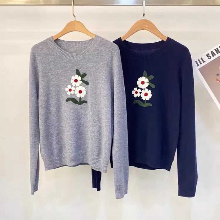 

Вязаные свитера из 100% шерсти, осень-зима 2021, женские пуловеры с цветочным декором и длинными рукавами, повседневные сине-серые мягкие вязаные джемперы