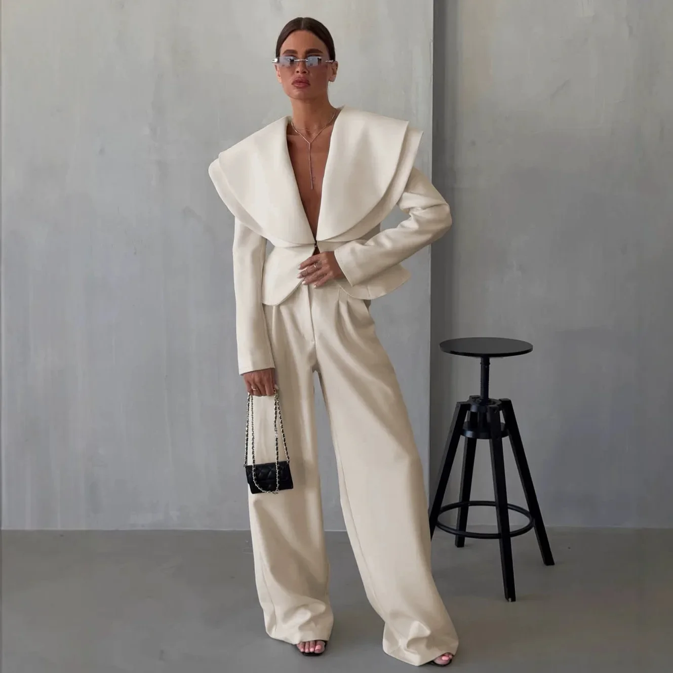 Chic Big Lapel Coat Pants Women Set Elegant Full Sleeve Single Breasted V-neck Straight Loose Trousers Solid Autumn Fashion Set