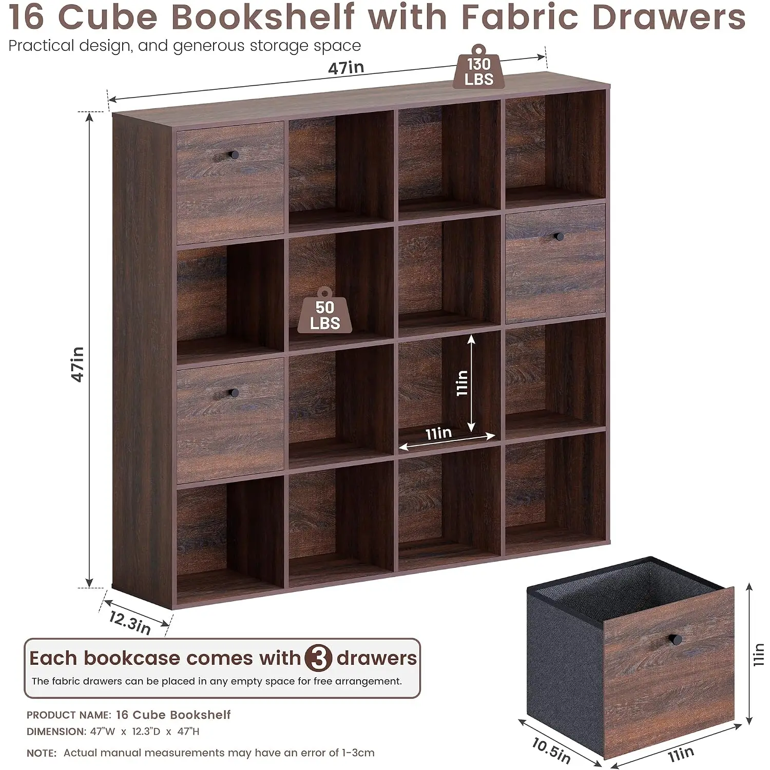 Walnut Cube Storage Organizer Wooden Bookcase 3 Drawers Freestanding Shelf Home Office 4-Tier 47