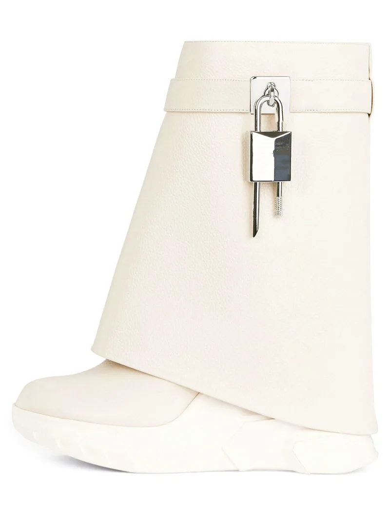 Winter Fashion Design Round Head Lock Shark Buckle Mid Calf Boots Large Size Women Platform Wedges Leather Western Trouser Boots