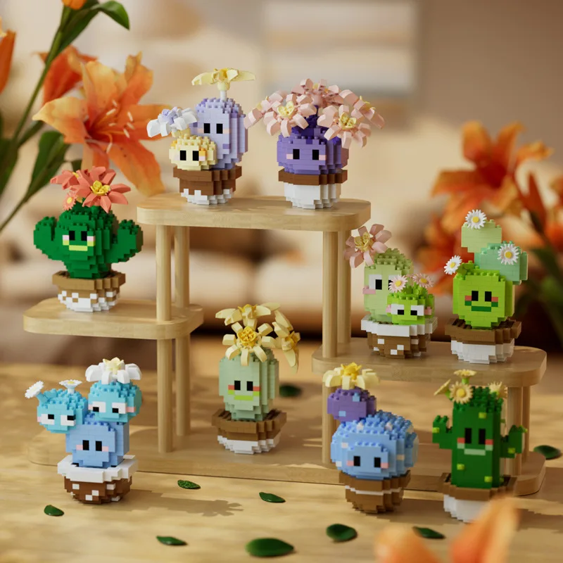 New Creative Fun Cartoon Characters Micro Diamond Building Blocks Cactus Nano Brick Potted Plant Building Educational Toy Gift