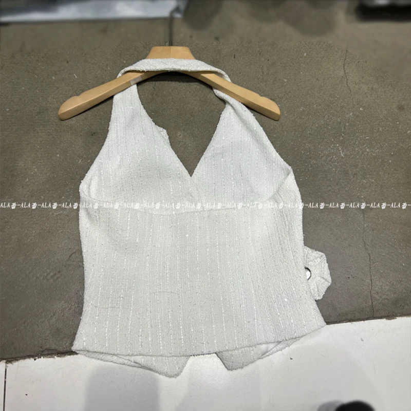 Summer Wear Sling 2024 European Fashionable Temperament Socialite Style Handmade Three-Dimensional Flowers Halterneck White Vest