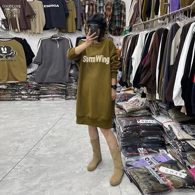 plus Size Thickened Fleece Lined Embroidered Split Hoodie Dress Autumn Winter Fashion Korean Style round Neck Long Sleeve Loo...