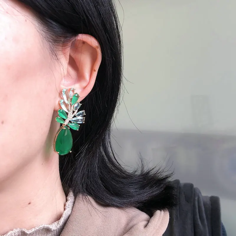 Bilincolor Green Leaf and Waterdrop Fashion Earring for Women Wedding Party Gift