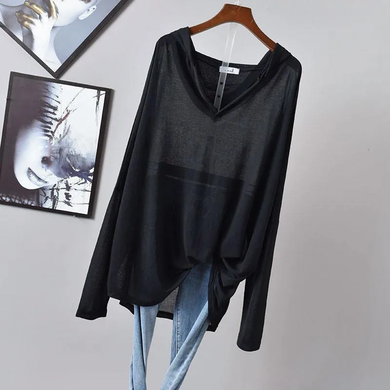 Loose Ice Silk Sun Protection Shirt V-Neck Long Sleeve Women's T-Shirt Knitted Thin Breathable BF Style Beach Cover up
