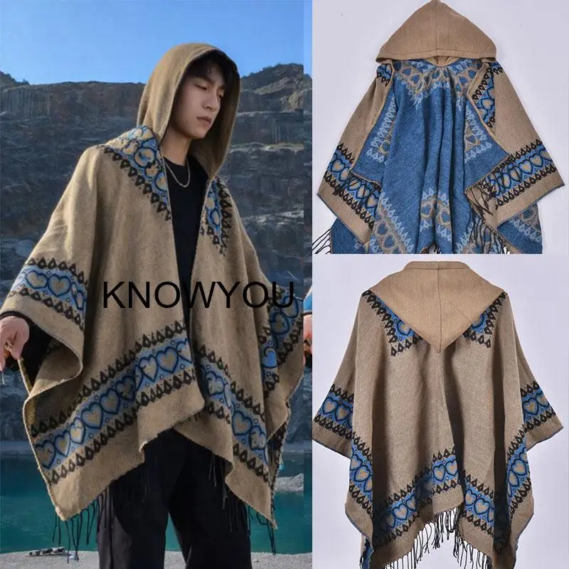 

Men's Shawl Heart Patterned Retro Elegant Cape Warm Artificial Cashmere Male Autumn Winter Ourwear Blanket Hooded Pashmina