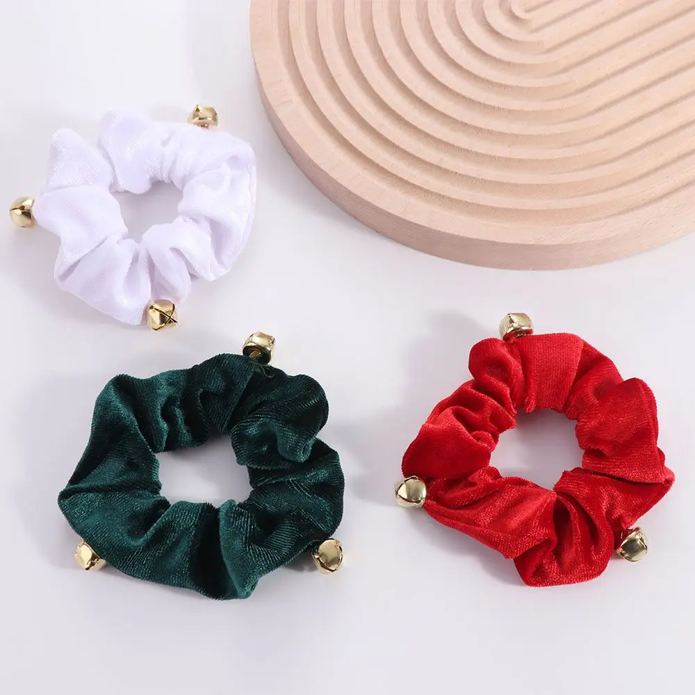 新年クリスマスヘアロープベルベット小さなベル付きクリスマスヘアスクランチー無地カラー伸縮性女性用ヘアリング