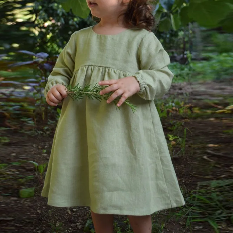 

Платье с длинными рукавами в стиле ретро Mori Ramie, весеннее новое однотонное платье для маленьких детей, повседневные свободные милые кукольные платья с круглым вырезом