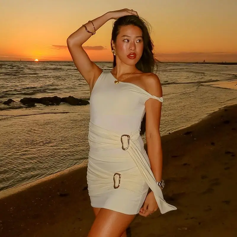 

Женский комплект из 2 предметов, топы с косым вырезом, лента, металлическое кольцо, юбка на бедрах, костюм для леди, тропический пляж, праздничные вечерние комплекты, женские костюмы для свиданий, фестиваля