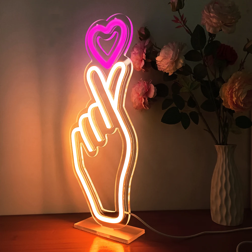 Heart Shape with Finger Neon Sign Wall Hanging Light for Wedding Bedroom Home Party Bar USB Powered Valentine's Day Decor