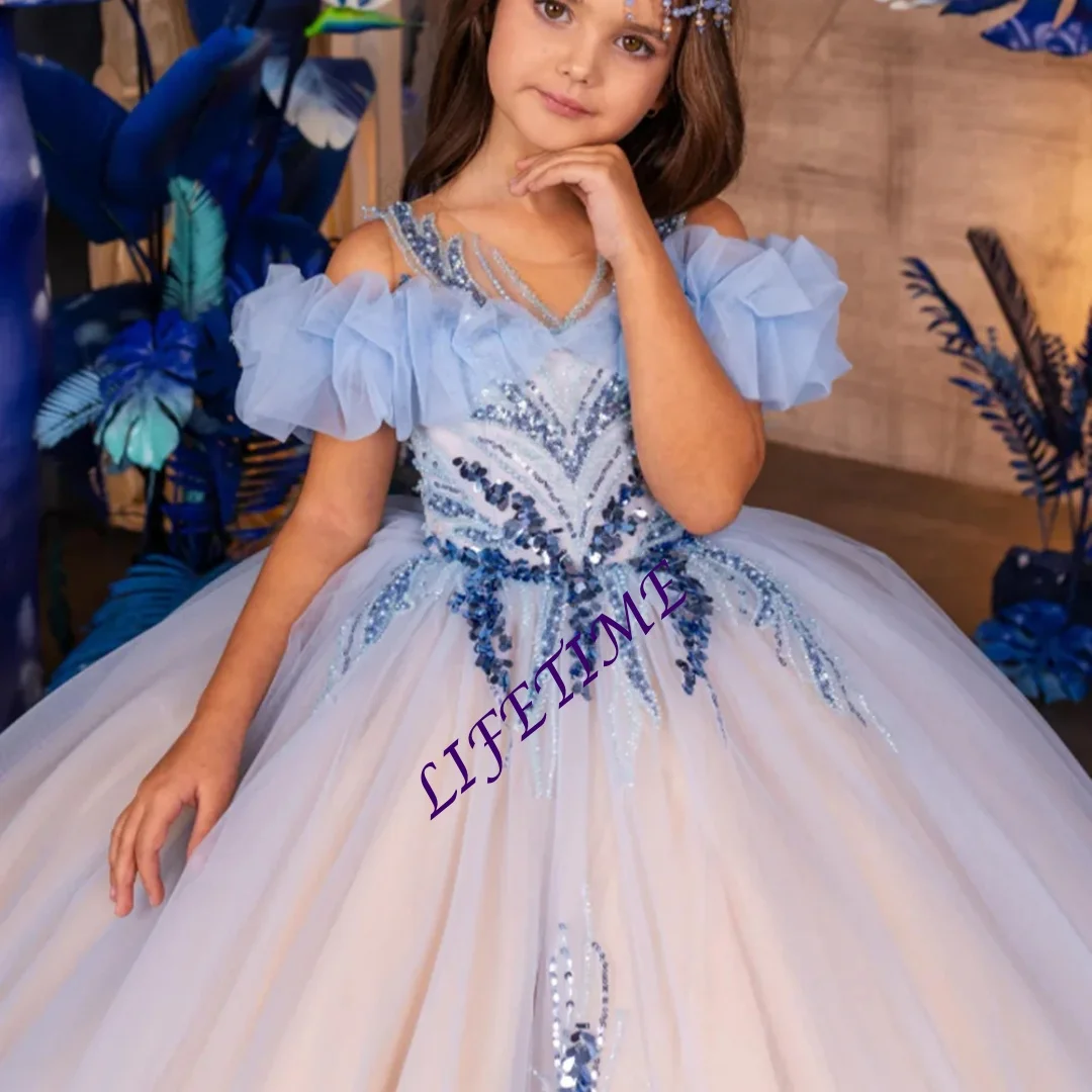 Customized Sunnypetal Light Blue Gradient Sequins Floral Princess Dress for Flower Girl - Prom Pageant Gown