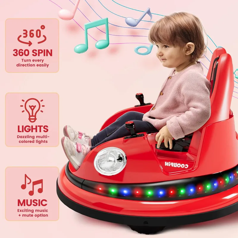 Voiture pare-chocs 12V pour enfants, voiture pare-chocs pour tout-petits avec télécommande, voiture électrique avec lumières LED, rotation à 360 degrés, Bluetooth