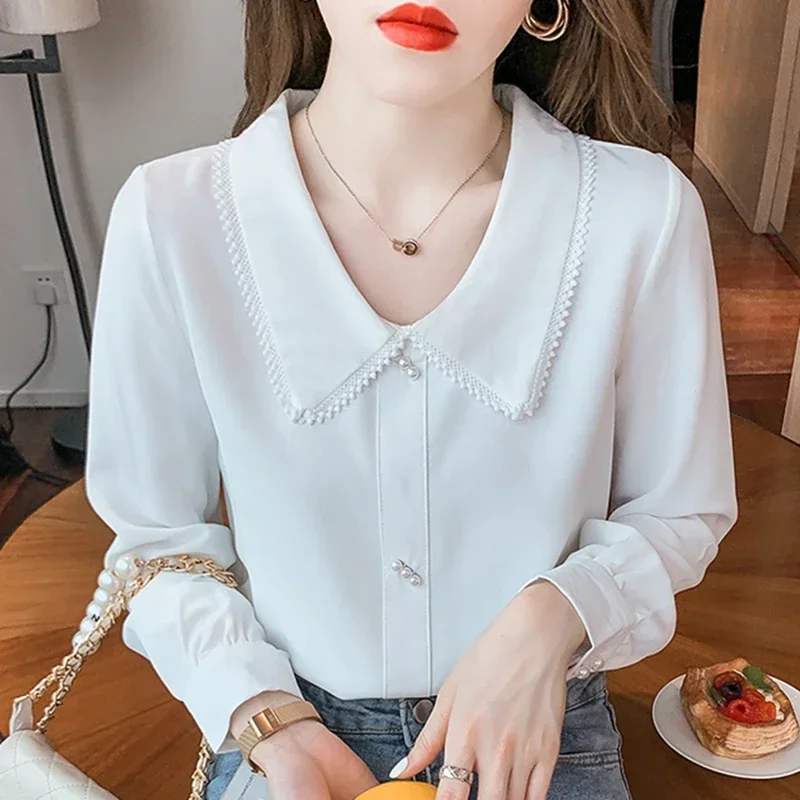 Casual Chiffon Shirts Women 2024 Elegant Korean Fashion Clothes Blusas Mujer Long Sleeve Office White Purple Ladies Tops Blouses